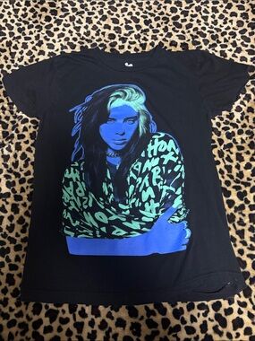 Billie Eilish Black Graphic Tee with Blue and Neon Green Photo Print - Women